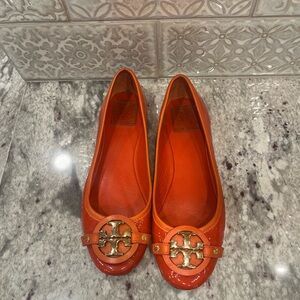 Tory Burch Shoes Reva Orange Genuine Leather Silver Logo Emblem Ballet Flats